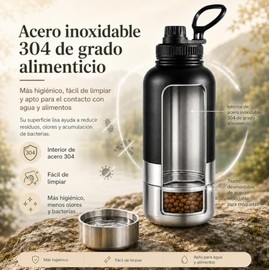 Botella de Agua para Perro 32 oz, Bebedero para Perro Portatil, con 2 Tazones Desenroscables para Agua y Comida, Recipiente Hermético Antifugas para P