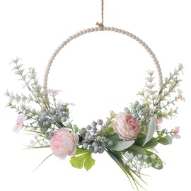 LOMOHOO Wooden Beads Wreath, Spring Wreath Made of Artificial Flowers, Peony Wreath for Front Door, Summer Wreath with Green Leaves, Beads, White Bellflowers for the Wall, Home, Wedding Decoration