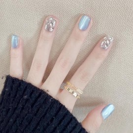 Nail Tip, Short, 24 Pieces, Nail Tip, False Claws, Cat's Eye, Blue, Diamond, 3D Nail Sticker, Popular, Japanese Style, Cute, Simple, Fashionable Party, Nail Tip, Autumn, Spring, Summer, Bride Nail,