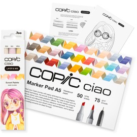 Copic Ciao LAYER & MIX Starter Set Sunset, Marker Set with 3 Different Colours, Marker Paper and Drawing Template for Tracing, Includes Learning Exercise Sheet