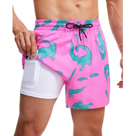 Gleeease Mens Swim Trunks with Compression Lined Short Bathing Suits for Men Phone Pocket 5 Inch Liner Men's Swimming Trunk