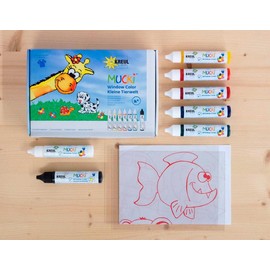 KREUL 24451 Mucki Window Colour Set, Small Animal World Water-Based Window Paint, Paraben-Free, Gluten-Free, Lactose-Free, Vegan, Easy-to-Use, Washable 7 x 29 ml Paint Films and Templates