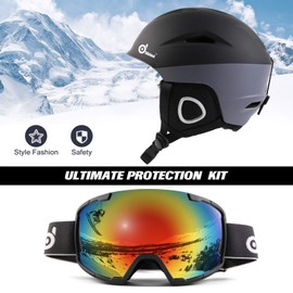 Odoland Ski Helmet with Ski Goggles, Multi-Options Snowboard Helmet and Goggles Set for Men Women, Black & Grey, M