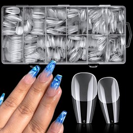 Bellelfin Clear Long Coffin Nail Tips, 600Pcs Long Nail Tips Full Cover Fake Acrylic Nail Tip Soft Ballerina False Nails Tips for Home DIY Nail Salon 12 Sizes