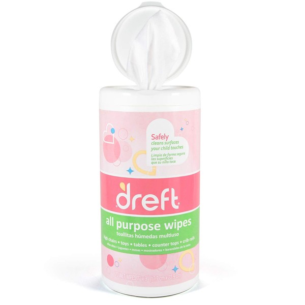 Dreft Multi-Surface All-Purpose Gentle Cleaning Wipes for Baby Toys, Car Seat, High Chair & More, 70 Count, Pack of 2