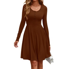 BTFBM Long Sleeve Dress for Women Casual Ribbed Knit Crew Neck Button Down Empire Waist A Line Flowy 2025 Fall Dresses(Brown, Large)