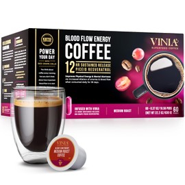 VINIA Medium Dark Roast with Red Grape Piceid Resveratrol, Nitric Oxide for Heart Health, Alertness, Physical Energy & Blood Flow Circulation. 60ct K-Cup Pods