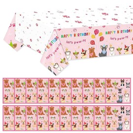 COACOM 1 x cartoon animal tablecloth and 20 x handkerchiefs, cute tablecloth, dining table accessories, party decorations, dog party supplies.