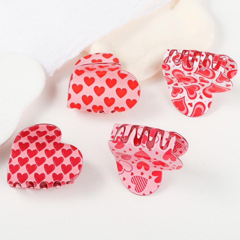 Heart Pattern Print Heart Shape Hair Claws 2.6" Pink Hair
