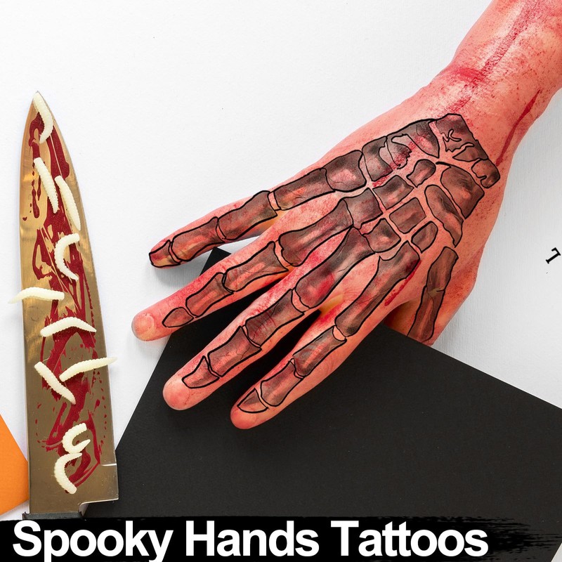 4-Sheet 3D Skeleton Hand Temporary Tattoos - Dual Left &