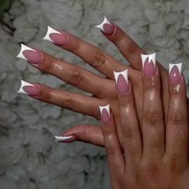 KQueenest White French Tip Press on Nails - Duck Press on Nails for Women, Soft Gel Fake Nails Press ons, Natural Fit, Reusable Light Pink French Tip Glue on Nails for Daily Wedding Wear, 30 Pcs