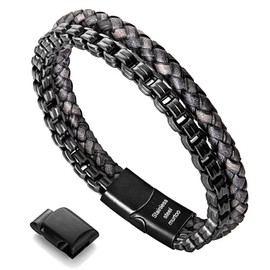 murtoo Mens Bracelet leather and Steel, Stainless Steel Chain and Leather Bracelets for Men (Dark grey, 7.0")