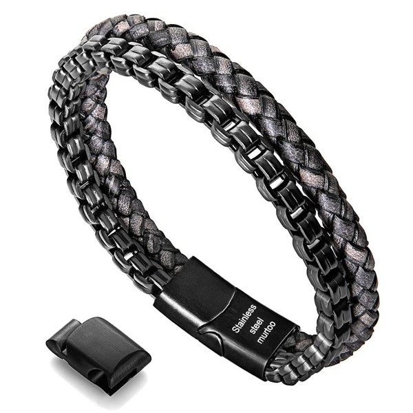 murtoo Mens Bracelet leather and Steel, Stainless Steel Chain and