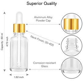 PrettyCare Eye Dropper Bottle 2 oz (63 Pack Clear Glass Bottles 60ml with Golden Caps, 2 Extra Eye Droppers, 120 Labels, 10 Funnel & Measured Pipettes) Empty Tincture Bottles for Essential Oils