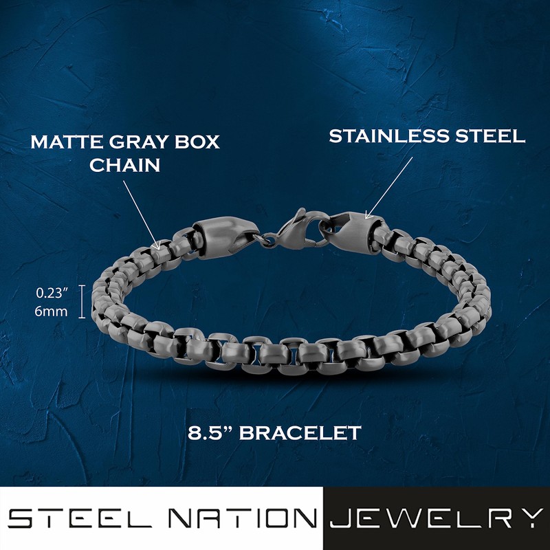 Men's Matte Gray Stainless Steel 24" Box Chain & Bracelet