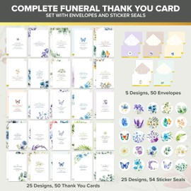 Decorably 50 Pack Gold Foiled 4x6in Funeral Thank You Cards with Envelopes and Stickers, 25 Floral Designs Sympathy Thank You Cards with Envelopes with Printed Message Inside
