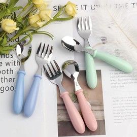 6 Pcs Kids Utensils, Stainless Steel Toddler Silverware Children's Safe Flatware Set Metal Cutlery Set with Round Handle, 3 x Safe Forks, 3 x Children Tablespoons (Pink, Blue, Green)
