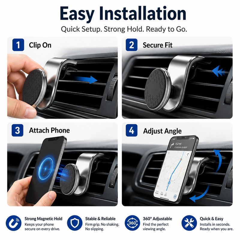 Magnetic Car Phone Holder for Air Vent – 360° Rotating