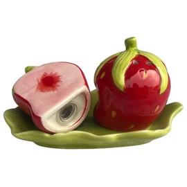 Ceramic Fruit Salt and Pepper Shakers, Set of 2 | Spice Dispenser Storage Canisters - Strawberry
