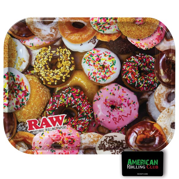 RAW Donuts Rolling Tray (Large 13.5x 11x 1") Delicious Doughnuts Metal Tray Design with American Rolling Club Scoop Card