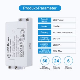 YAYZA! LED Transformer 12 V 30 W, LED Transformer 230 V to 12 V DC LED Power Supply, IP44 2.5 A LED Driver, Constant Voltage LED Driver for LED Strip Lamps G4, MR11, GU5.3, MR16