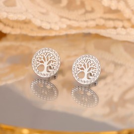Dreamtimes Tree of Life Earrings for Women Stainless Steel Gold Color Clear Zircon Round Earrings Family Tree Earring Fashion Charm Luxury Jewelry Wedding Gift (Silver)