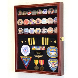 Challenge Coin/Medals/Pins/Badges/Ribbons/Insignia/Buttons Chips Combo Display Case Box Cabinet (Cherry Finish)