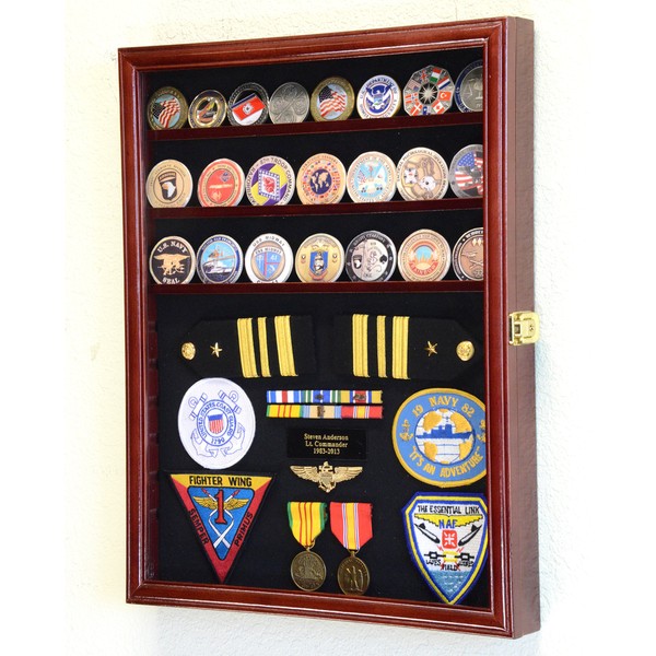 Challenge Coin/Medals/Pins/Badges/Ribbons/Insignia/Buttons Chips Combo Display Case Box Cabinet (Cherry Finish)