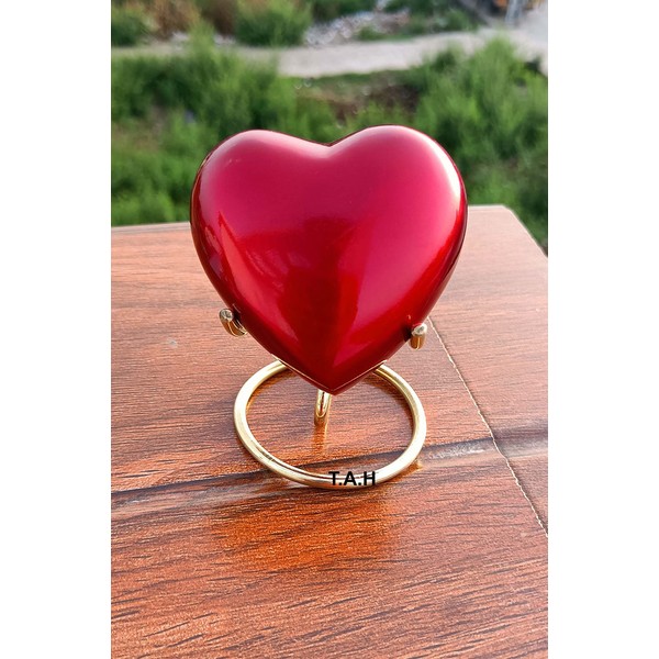 Red Heart Premium Cremation Urn for Ashes Keepsake with Brass