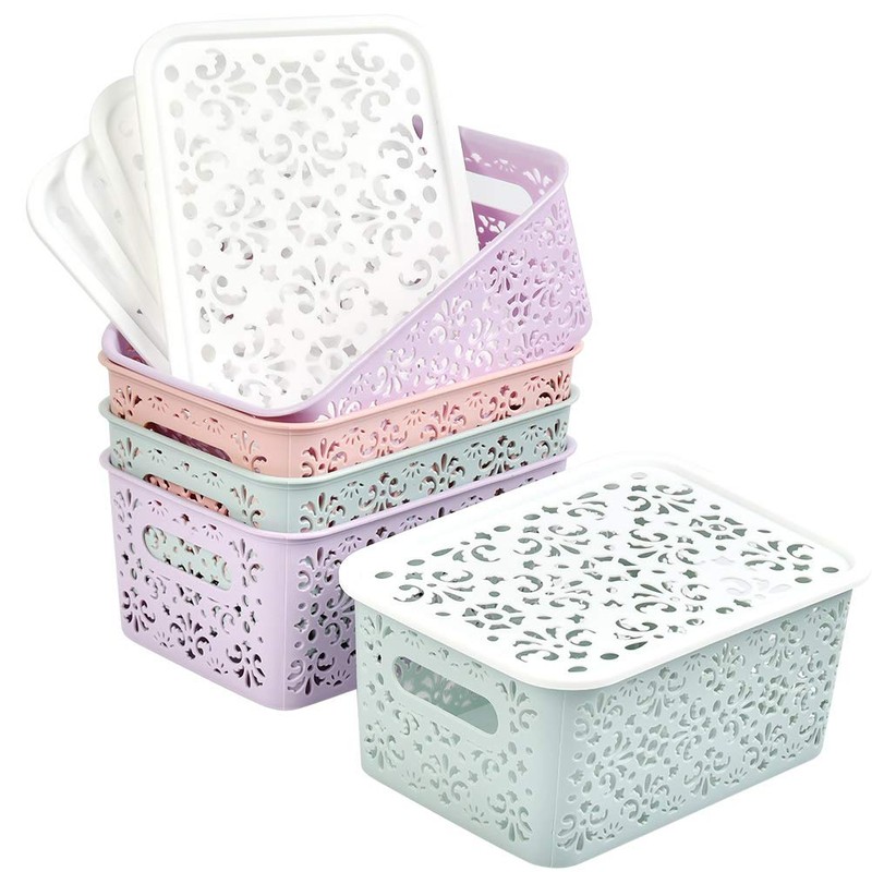 BUYGOO 5Pcs Plastic Storage Baskets with Lids Muti-colour Plastic Organizer