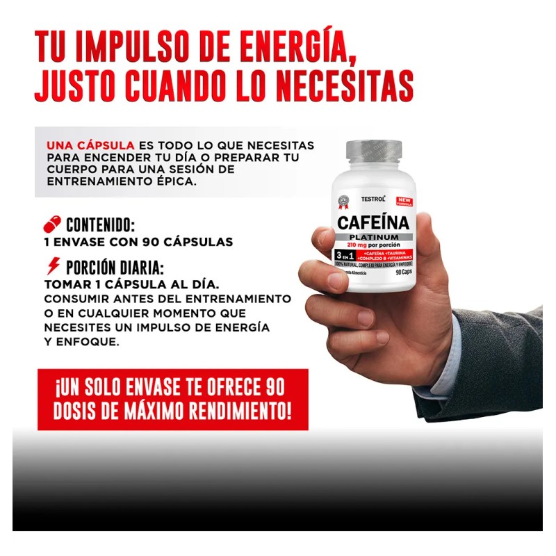 Cafeína 210 Mg | Testrol Platinum | 90 Cápsulas Sin
