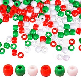 300pcs Christmas Pony Beads Bulk, Red Green White Plastic Beads for Bracelet Jewellery Making Crafting, Hair Beads for Braids, Threading Beads, Craft Beads, Xmas Decorations Beads DIY Crafts Supplies