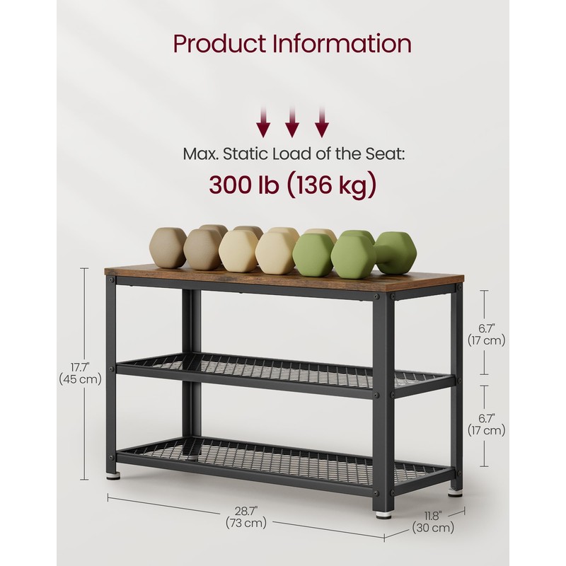 VASAGLE 3-Tier Shoe Rack, Shelf Storage Bench with Metal Mesh