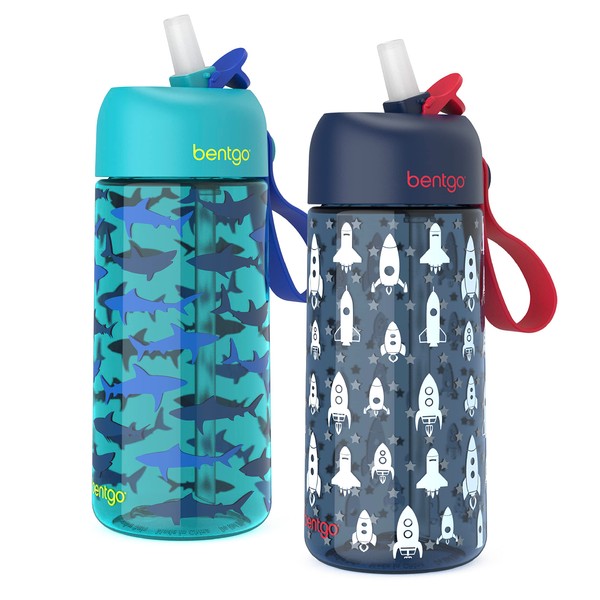 Bentgo - Botella de agua para niños, paquete de 2 unidades, mejorada, a prueba de fugas 2023, sin BPA, tazas de 15 onzas para niños y niños - Pajita abatible segura (cohete/tiburón), BGKDWB