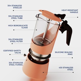 TWOCE Glass Moka Pot for Stovetop & Induction - Italian Espresso Maker with Wood Handle & Leak-Proof Design - Comes with Induction Heat Diffuser Plate (6 Cup, Pale orange 240ml)