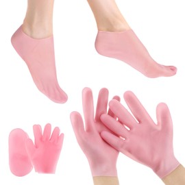 2 Pairs Silicone Socks Gloves Set for Dry Cracked Feet Women, Pink Skin Care Moisturizing Gloves and Feet Moisturizer Socks for Foot Hand Softening, Foot Care After Pedicure, Spa Gel Sock Glove