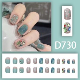 Press on Nails Simple Cute Short Square French Tip White Green Diamonds Design Fake Nails Full Cover Glossy Acrylic Glue on Nails Short Stick on Nails False Nails for Women 24Pcs D730