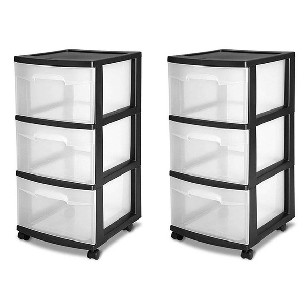 Sterilite 3-Drawer Home Office Plastic Rolling Storage Cart for Crafts, Classrooms, and Kitchens, Clear with Black Frame, (2-Pack)