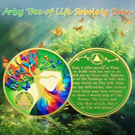 IELCJJ 14 Year Sobriety Coin, Delicate Artsy Tree of Life Sobriety Chip Colorful Butterfly AA Coin and Medallions Sober Token Narcotics Alcoholics Anonymous Recovery Gifts for Men Women