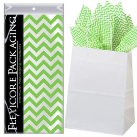 Flexicore Packaging White Kraft Paper Gift Bags & Lime Green Gift Wrap Tissue Paper | Size: 8 Inch X 4.75 Inch X 10.5 Inch | Count: 50 Bags | Color: Lime Green Chevron