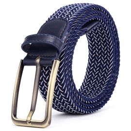 BOZEVON Elastic Braided Belt - Multicoloured Elastic Belt Braided Belt Stretch Belt Business Casual Belt Wide 3.5 cm for Unisex Men and Women, 2-colour lines: blue + white