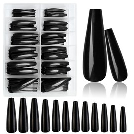 AddFavor XXXL Extra Long Press on Nails Coffin Glossy Black Fake Nails Full Cover Acrylic False Nails 12 Sizes 120pcs Nail Tips for Women Fingernails Manicure Design