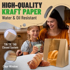 New EASY TSK 100 Pack - Paper Bread Bags for Sourdough - XL 16"x8.5"x4" - Bread Bag with Window - Bread Bags with Ties - Tin Tie Tab Lock - 100 New Stickers - Cookie Bakery Bag - Loaf Bags In Box