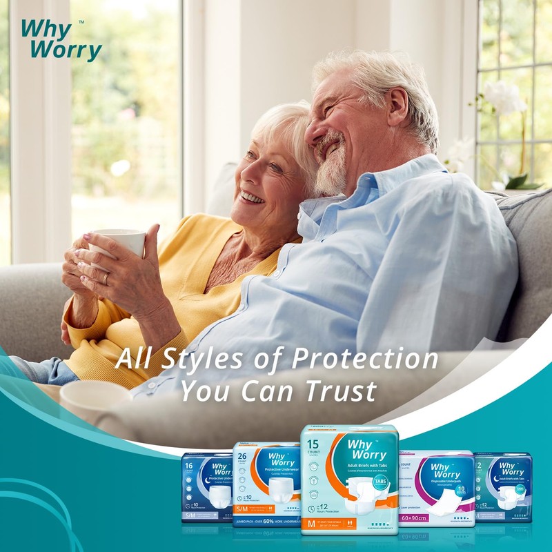 WhyWorry Adult Diapers with Tabs, Disposable Incontinence Briefs for Women
