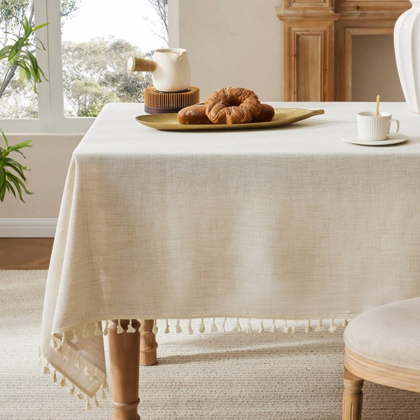 YZJZEDS Linen Tablecloth with Tassels, Farmhouse Style Light Beige Tablecloth,