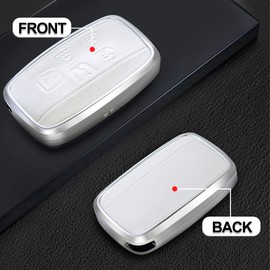 SK CUSTOM Funda para llave inteligente de piel plateado y marco de aluminio compatible con Land Rover Range Rover LR4 Discovery Evoque, 2011 en adelante, Jaguar XE XJ XF F-Type F-Pace accesorio remoto para coche sin llave
