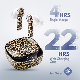 Groovz True Wireless Earbuds with Charging Case - Designed and Engineered in the USA - IPx4 Water Resistant Bluetooth Earbuds Compatible with Apple & Android - 27Hr Battery - Dual Microphone - Leopard