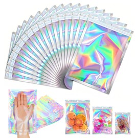 100 PCS Bolsitas para Dulces Reutilizables,Caras Transparentes y de Color,Bolsas Holográficas Hermetica Pequeñas con Agujero para Colgar,Accesorios, Aperitivos, Joyería,Cosméticos,Más Galletas,Regalo