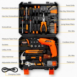 MarvTool 140 Piece Basic Tool Set, Portable Tool Box with Cordless Drill, Home Repair Hand Tool Kit, General Household Drill Set, Toolbox with Storage Case for Homeowner, DIY, Handyman, Women, Men