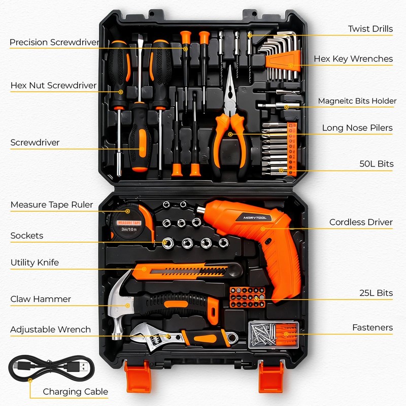 MarvTool 140 Piece Basic Tool Set, Portable Tool Box with
